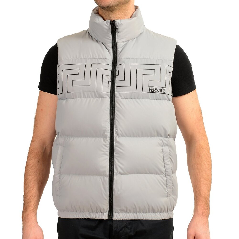 Versace Men's Gray Greca Print Down Sleeveless Jacket Puffer Vest US L IT 52
